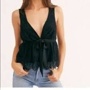 Free People Chante Lace Tank V-Neck Tie Front Size M in Black